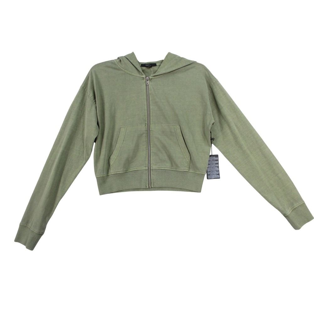 Forever 21‎ Womens Cropped Zip Up Hoodie Olive Green Washed 100% Cotton Small